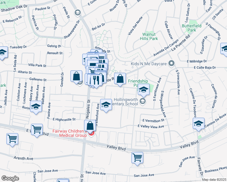 map of restaurants, bars, coffee shops, grocery stores, and more near 372 Capron Avenue in West Covina