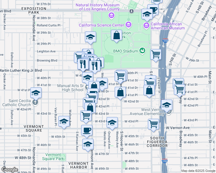 map of restaurants, bars, coffee shops, grocery stores, and more near 854 West 41st Street in Los Angeles