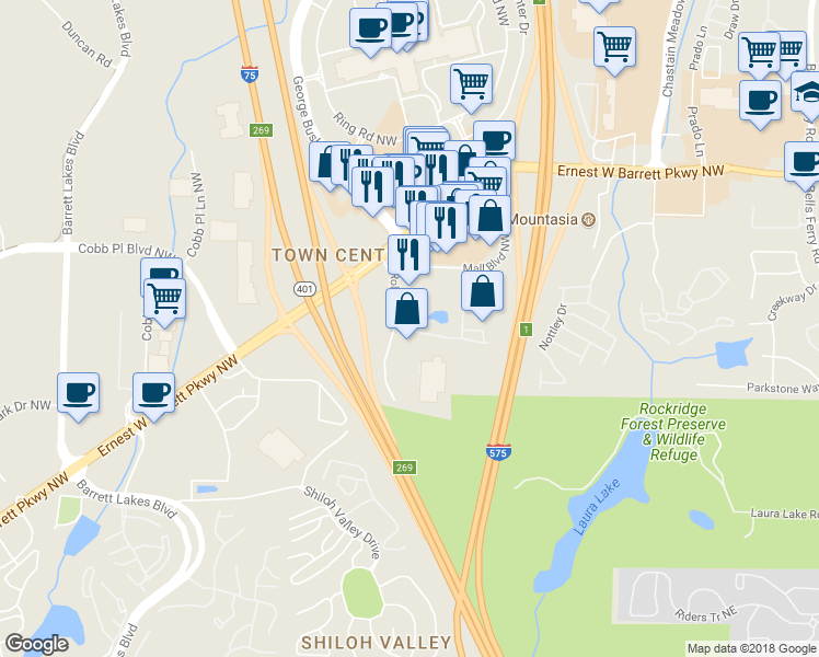 map of restaurants, bars, coffee shops, grocery stores, and more near 430 Heritage Park Trace Northwest in Kennesaw