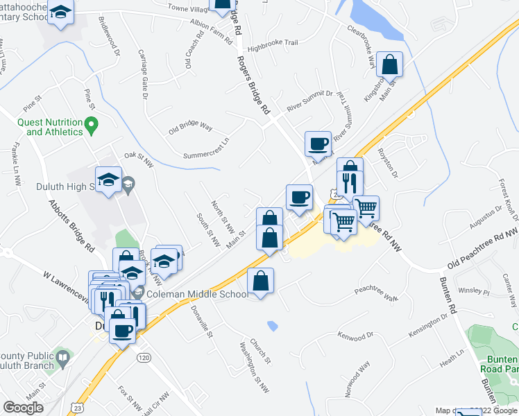 map of restaurants, bars, coffee shops, grocery stores, and more near 2730 Nesbitt Crossing Way in Duluth