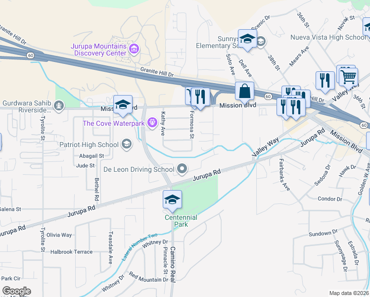 map of restaurants, bars, coffee shops, grocery stores, and more near 7422 Peggy Avenue in Riverside