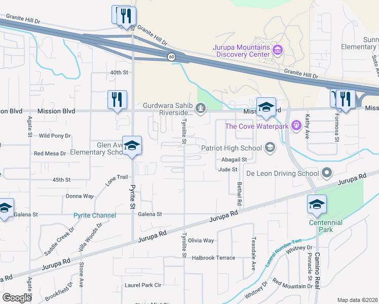 map of restaurants, bars, coffee shops, grocery stores, and more near 4316 Tyrolite Street in Riverside