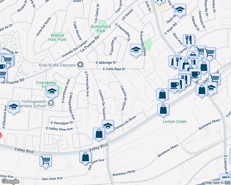 map of restaurants, bars, coffee shops, grocery stores, and more near 423 Camino de Gloria in Walnut