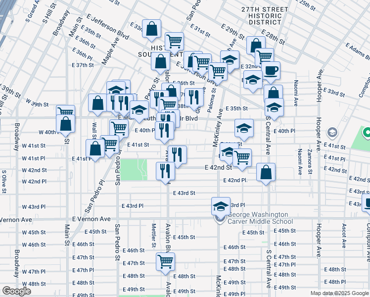 map of restaurants, bars, coffee shops, grocery stores, and more near 641 East 41st Street in Los Angeles