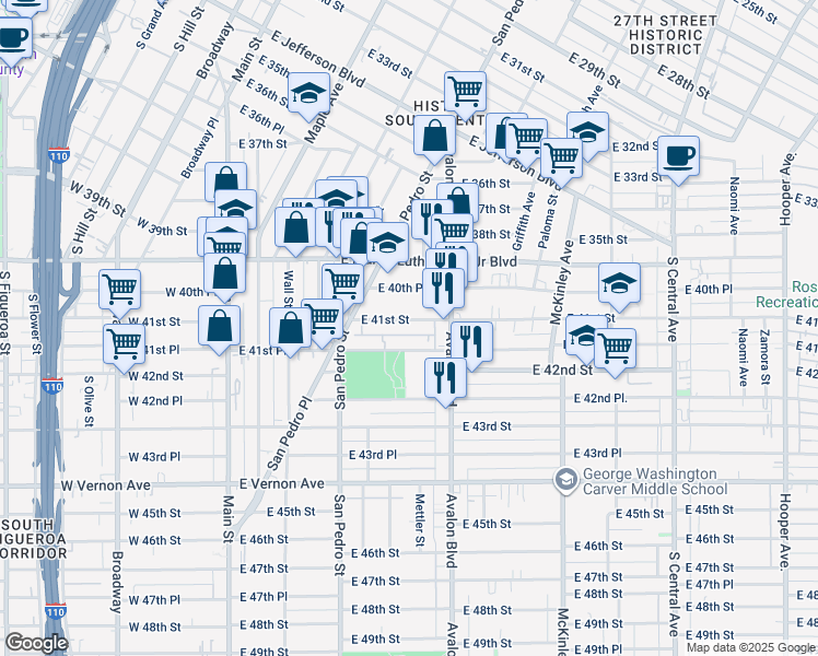 map of restaurants, bars, coffee shops, grocery stores, and more near 445 East 41st Street in Los Angeles