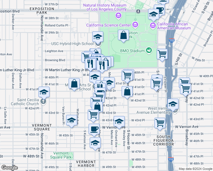 map of restaurants, bars, coffee shops, grocery stores, and more near 4060 Menlo Avenue in Los Angeles