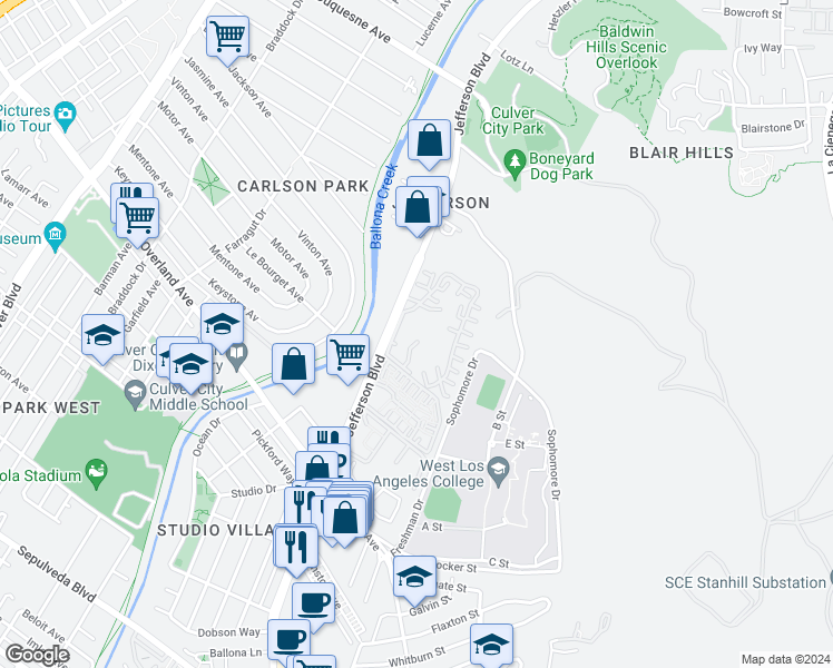 map of restaurants, bars, coffee shops, grocery stores, and more near 1204 Raintree Circle in Culver City