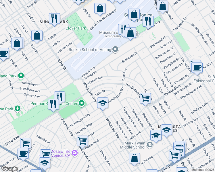 map of restaurants, bars, coffee shops, grocery stores, and more near 13101 Rose Avenue in Los Angeles