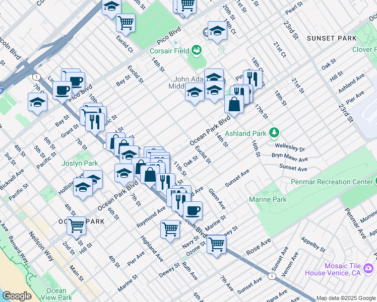 map of restaurants, bars, coffee shops, grocery stores, and more near 1212 Maple Street in Santa Monica
