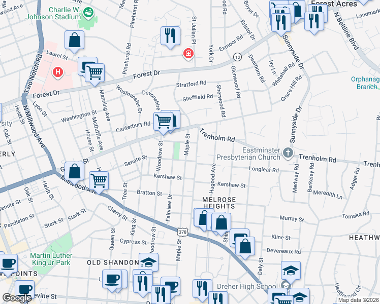 map of restaurants, bars, coffee shops, grocery stores, and more near 1527 Gladden Street in Columbia