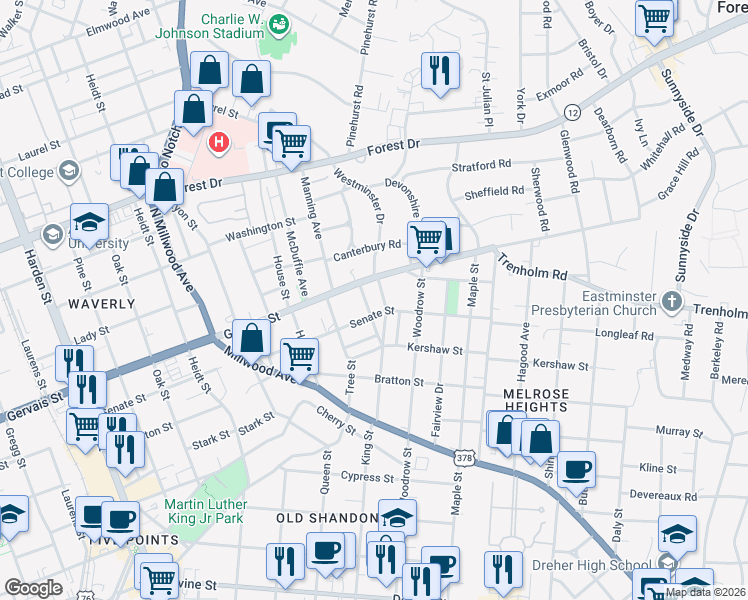 map of restaurants, bars, coffee shops, grocery stores, and more near 2600 Gervais Street in Columbia