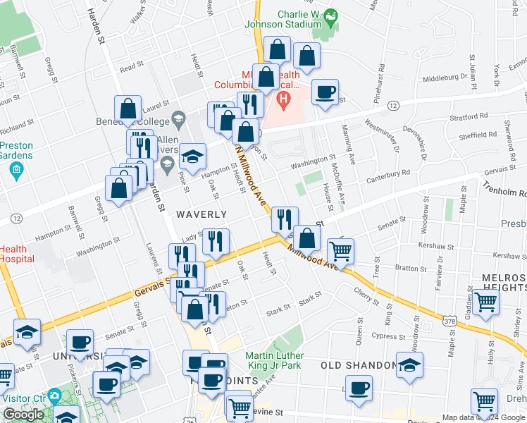 map of restaurants, bars, coffee shops, grocery stores, and more near 1314 Heidt Street in Columbia