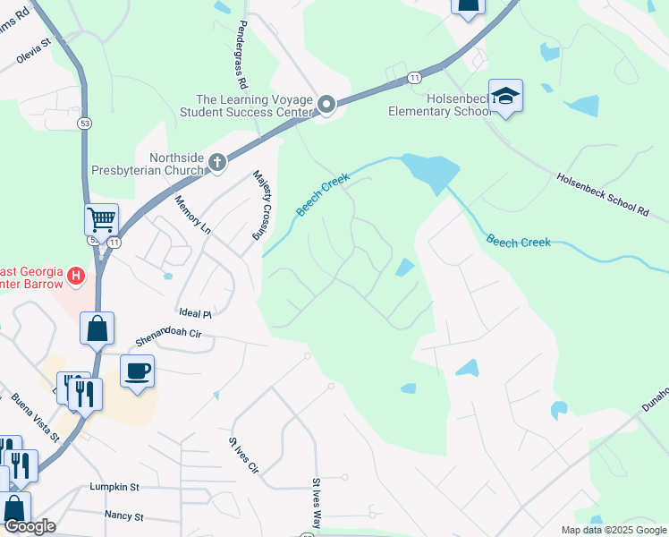 map of restaurants, bars, coffee shops, grocery stores, and more near 901 Calgary Court in Winder