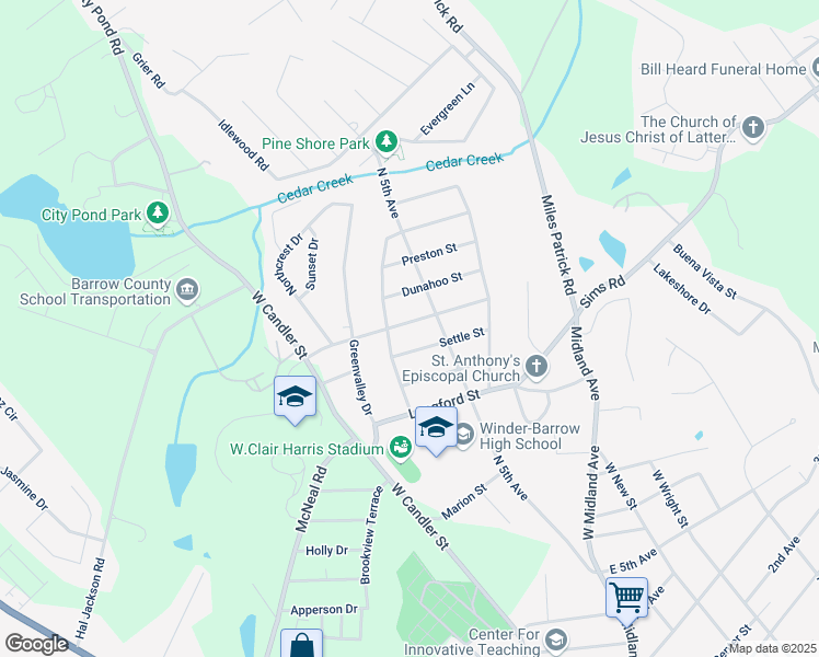 map of restaurants, bars, coffee shops, grocery stores, and more near 156 Ridgeway Street in Winder