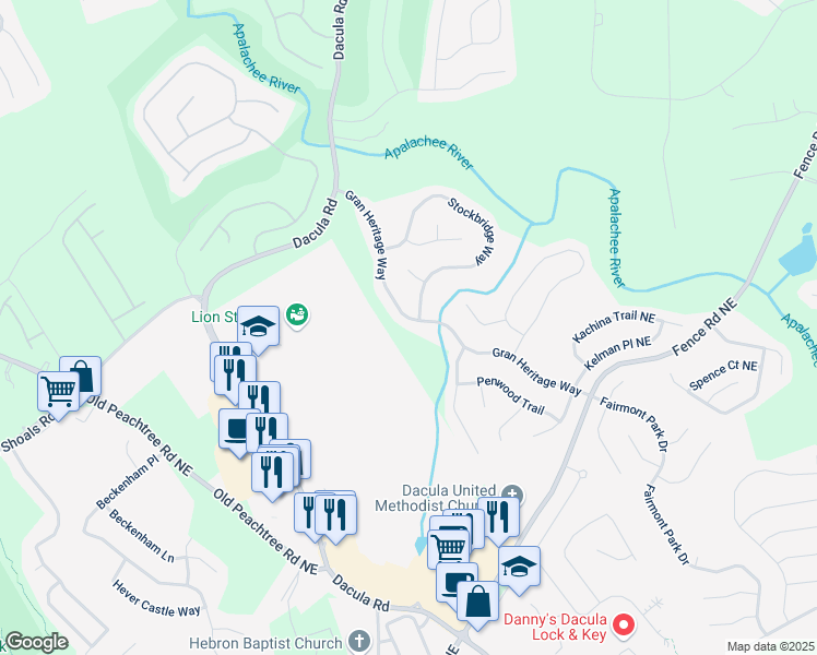 map of restaurants, bars, coffee shops, grocery stores, and more near 660 Gran Heritage Way in Dacula