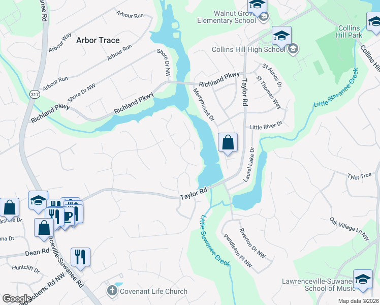 map of restaurants, bars, coffee shops, grocery stores, and more near 2116 Cove Ridge Court in Suwanee
