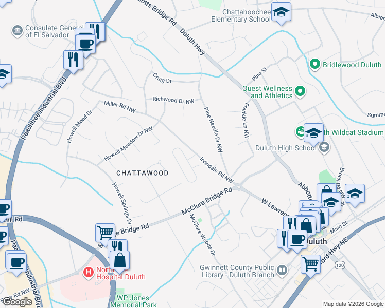 map of restaurants, bars, coffee shops, grocery stores, and more near 3207 Ivy Station Way in Duluth