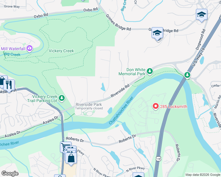 map of restaurants, bars, coffee shops, grocery stores, and more near 9425 River Lake Drive in Roswell