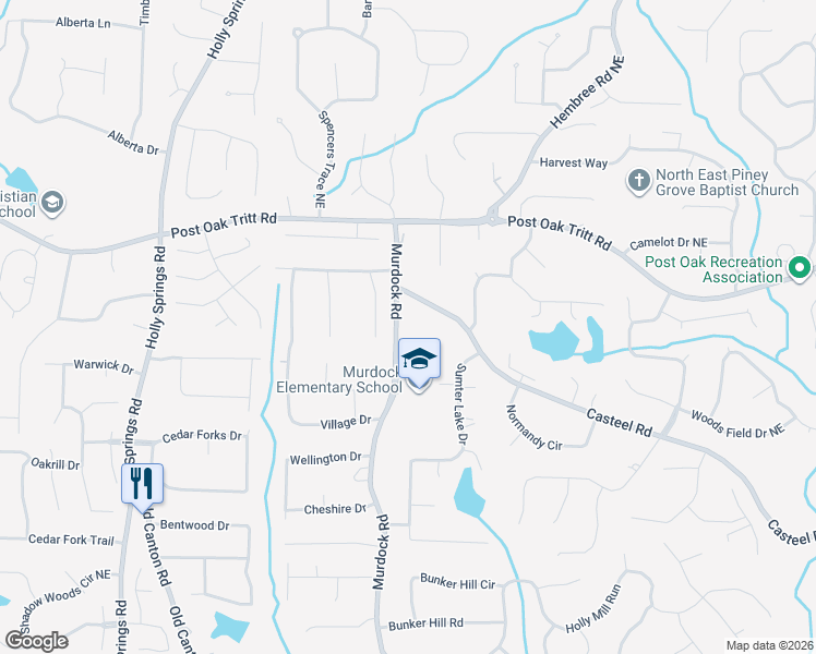 map of restaurants, bars, coffee shops, grocery stores, and more near 2420 Murdock Road in Marietta