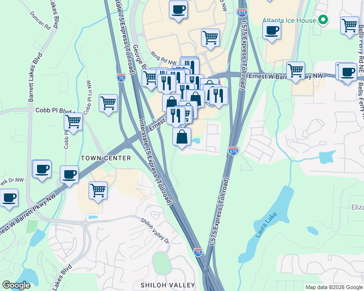 map of restaurants, bars, coffee shops, grocery stores, and more near 430 Heritage Park Trace Northwest in Kennesaw