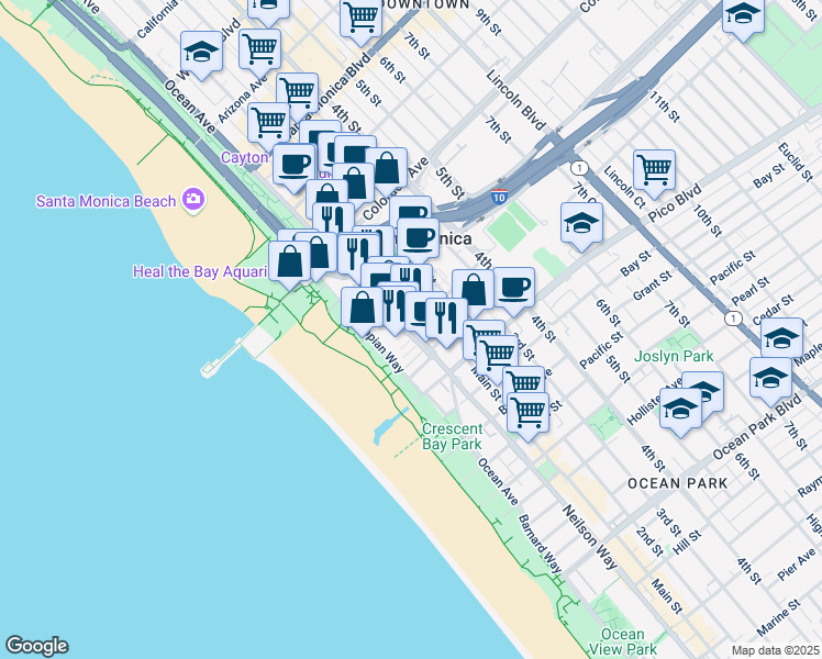 map of restaurants, bars, coffee shops, grocery stores, and more near 1733 Ocean Avenue in Santa Monica