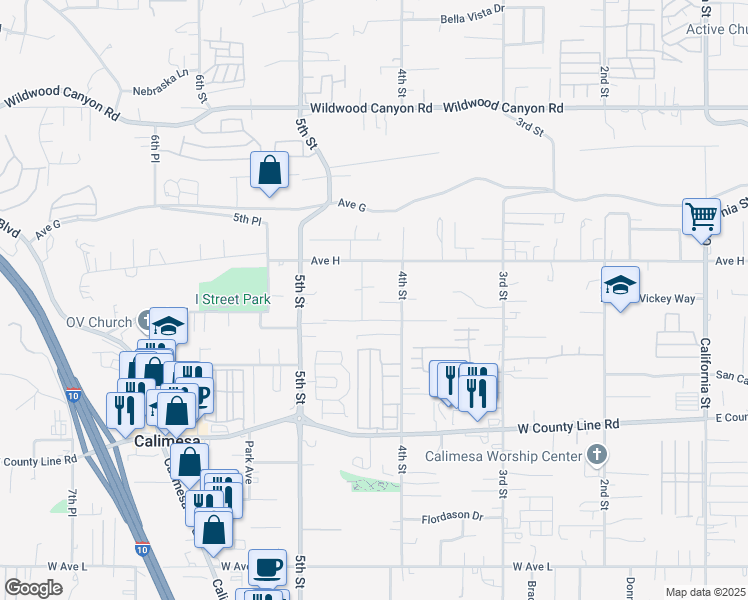 map of restaurants, bars, coffee shops, grocery stores, and more near 13433 Limestone Drive in Yucaipa