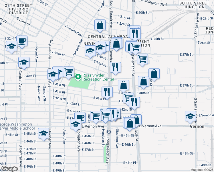 map of restaurants, bars, coffee shops, grocery stores, and more near 4009 Long Beach Avenue in Vernon