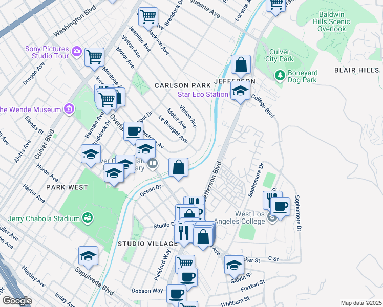 map of restaurants, bars, coffee shops, grocery stores, and more near 4454 Le Bourget Avenue in Culver City
