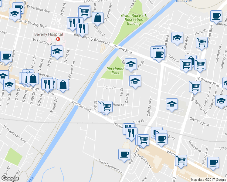 map of restaurants, bars, coffee shops, grocery stores, and more near 4709 Grape Street in Pico Rivera