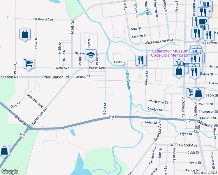 map of restaurants, bars, coffee shops, grocery stores, and more near 130 Jackson Street in Cedartown