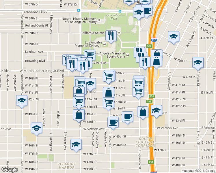 map of restaurants, bars, coffee shops, grocery stores, and more near 4103 South Hoover Street in Los Angeles