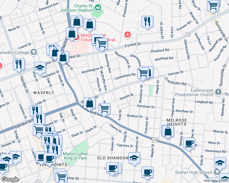 map of restaurants, bars, coffee shops, grocery stores, and more near 1124 Tree Street in Columbia
