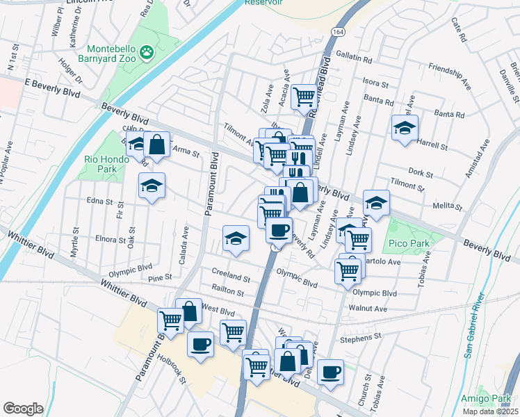 map of restaurants, bars, coffee shops, grocery stores, and more near 4551 Maris Avenue in Pico Rivera