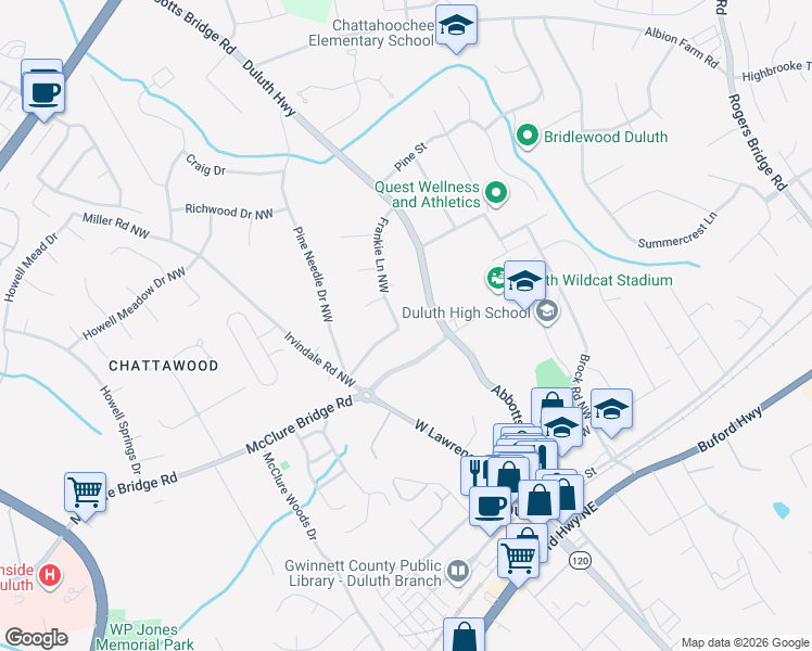 map of restaurants, bars, coffee shops, grocery stores, and more near 3112 Crestview Circle Northwest in Duluth