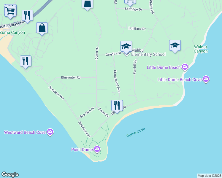 map of restaurants, bars, coffee shops, grocery stores, and more near 7052 Dume Drive in Malibu