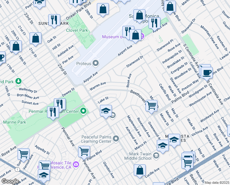 map of restaurants, bars, coffee shops, grocery stores, and more near 13048 Rose Avenue in Los Angeles