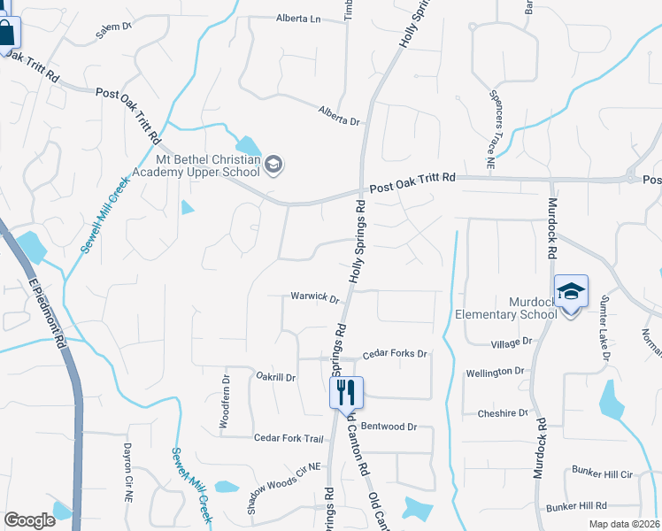 map of restaurants, bars, coffee shops, grocery stores, and more near 2695 Missbach Court Northeast in Marietta
