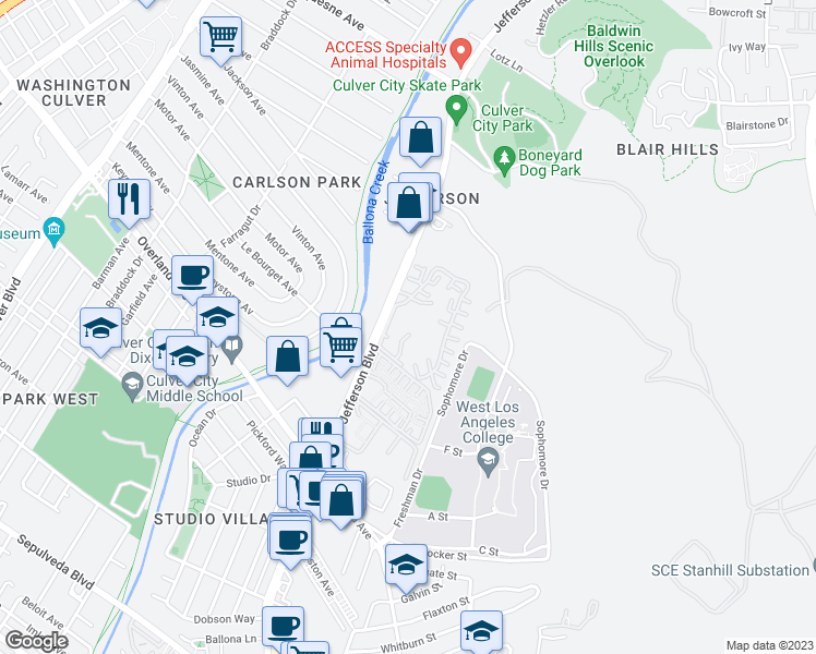 map of restaurants, bars, coffee shops, grocery stores, and more near 1204 Raintree Circle in Culver City