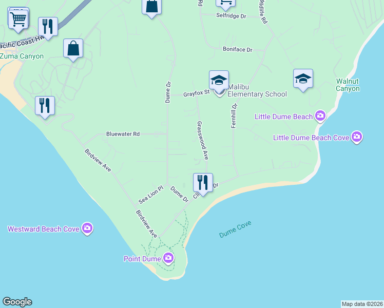 map of restaurants, bars, coffee shops, grocery stores, and more near 7052 Dume Drive in Malibu