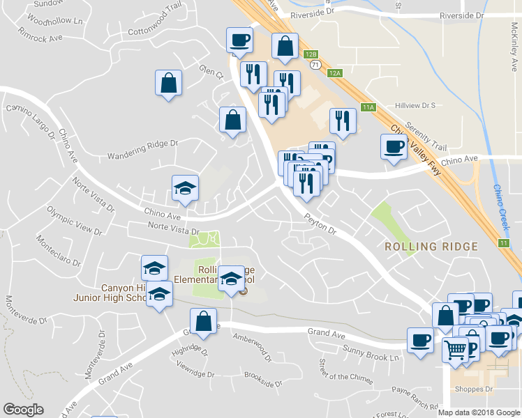 map of restaurants, bars, coffee shops, grocery stores, and more near 2777 Fairlane Place in Chino Hills