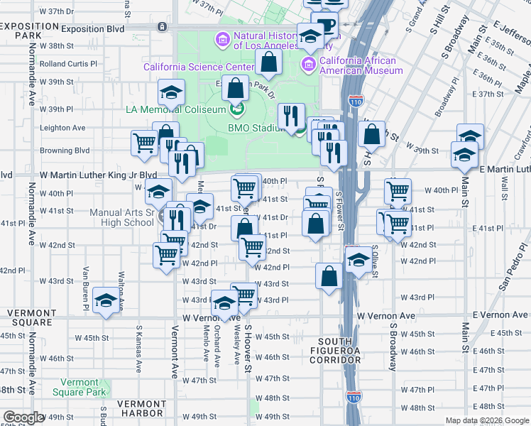 map of restaurants, bars, coffee shops, grocery stores, and more near 705 West 41st Drive in Los Angeles