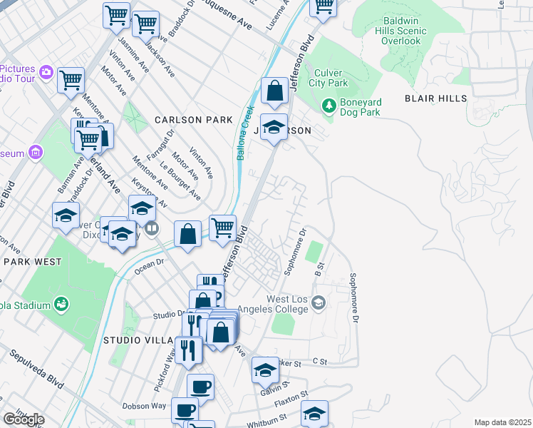 map of restaurants, bars, coffee shops, grocery stores, and more near 5111 Raintree Circle in Culver City