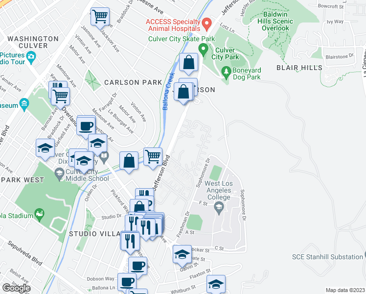 map of restaurants, bars, coffee shops, grocery stores, and more near 1204 Raintree Circle in Culver City