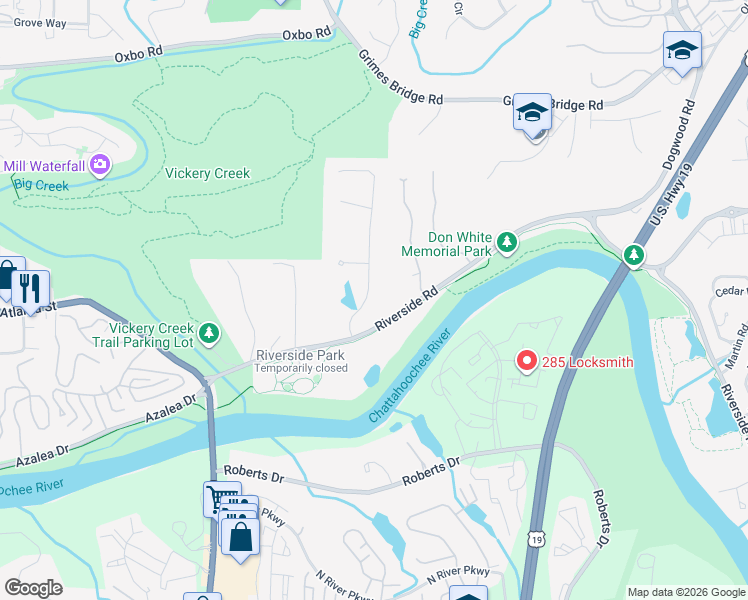 map of restaurants, bars, coffee shops, grocery stores, and more near 9425 River Lake Drive in Roswell