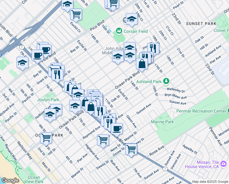 map of restaurants, bars, coffee shops, grocery stores, and more near 1212 Ocean Park Boulevard in Santa Monica