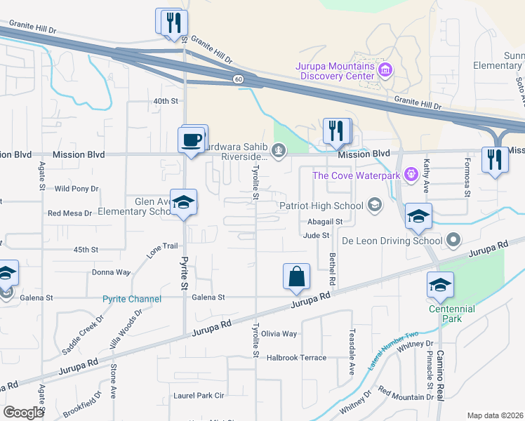 map of restaurants, bars, coffee shops, grocery stores, and more near 4350 Tyrolite Street in Riverside