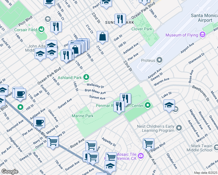 map of restaurants, bars, coffee shops, grocery stores, and more near 1818 Marine Street in Santa Monica