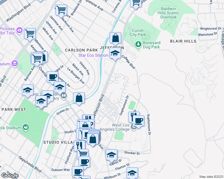 map of restaurants, bars, coffee shops, grocery stores, and more near 3314 Raintree Circle in Culver City