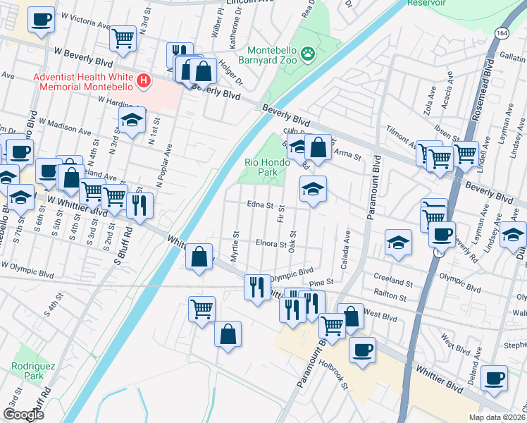 map of restaurants, bars, coffee shops, grocery stores, and more near 4709 Grape Street in Pico Rivera