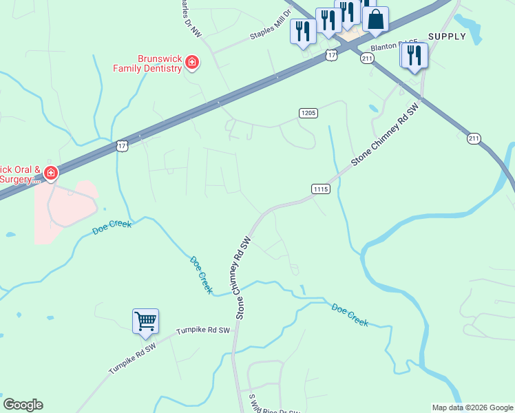 map of restaurants, bars, coffee shops, grocery stores, and more near 375 Stone Chimney Road Southwest in Brunswick County